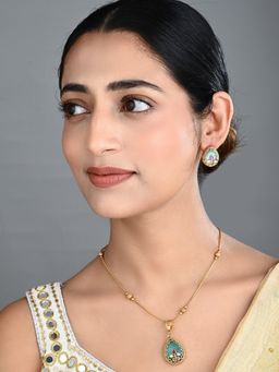 Anvik - Tear Drop Stone Kundan Green Pendant Necklace and Stud Earrings Set
