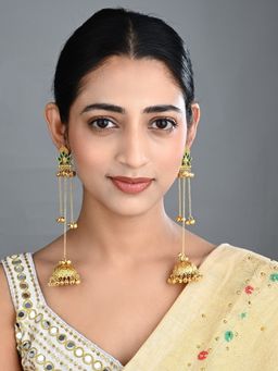 Anvik - Floral Jhumka Green Earrings with Ghungroo Chain Tassels