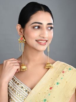 Anvik - Ruby Red Temple Jhumka Earrings with Chain Tassels