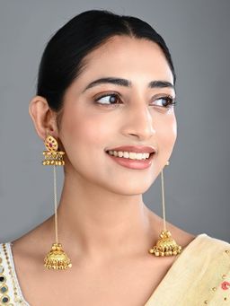 Anvik - Ruby Temple Jhumka Earrings with Long Chain Tassels