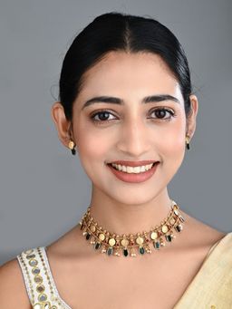 Anvik - Antique Gold Kundan Floral Necklace Set with Bead Drops