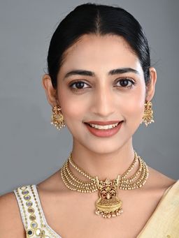 Anvik - Antique Gold Red Layered Kundan Necklace Set with Drop Earrings