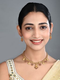 Anvik - Antique Gold Floral Coin Necklace Set with Kundan Jhumka Earrings