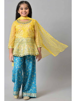 Aurelia - Girls Liva Floral Flared Top with Blue Palazzo & Yellow Dupatta (Set of 3)