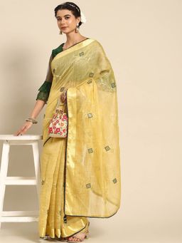 Odette - Yellow Cotton Embroidered Saree with Unstitched Blouse