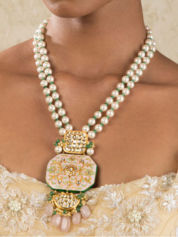 Joules By Radhika - Ethnic Bling Enamelled White and Gold Kundan, Jade Drops, Pearls Necklace