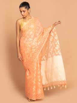 Indethnic - Banarasi Coral Woven Design Daily Wear Saree With Unstitched Blouse