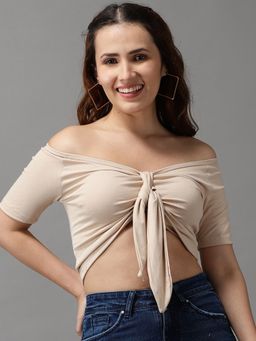 SHOWOFFFF - Womens Boat Neck Beige Fitted Regular Top