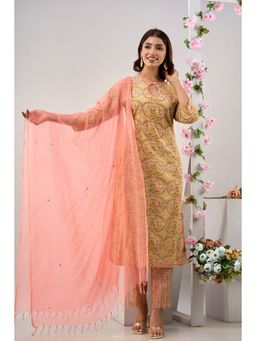 Kohsh - Yellow Printed Cotton Kurta (Set of 3)