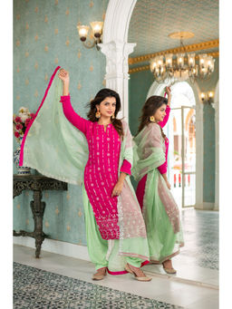 Label Shaurya Sanadhya - Rani Pink And Sea Green Kurta With Salwar And Dupatta (Set of 3)