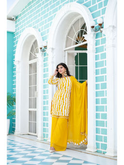 Label Shaurya Sanadhya - Yellow White Long Sequin Kurta With Palazzo And Dupatta (Set of 3)