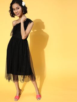 AAREIN - Black One Shoulder Fit and Flare Midi Dress