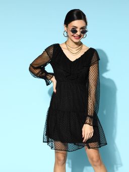 AAREIN - Black Full Sleeve Ruffled A-Line Mini Dress
