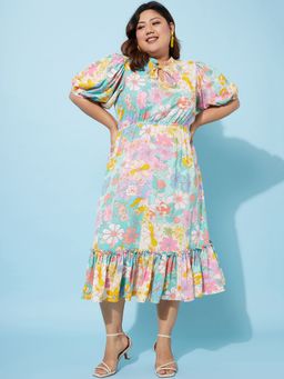 AAREIN - Multi-Color Ample Floral Print Puff Sleeve Crepe A-Line Midi Dress