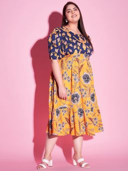 AAREIN - Yellow Ample Floral Printed Fit and Flare Midi Dress