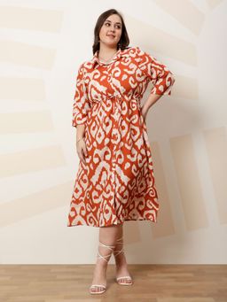 AAREIN - Rust Ample Women Printed Shirt Collar A-Line Midi Dress