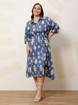 AAREIN - Blue Ample Ethnic Motifs Printed Shirt Midi Dress