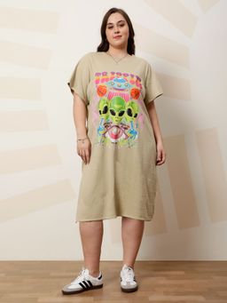 AAREIN - Beige Ample Women Graphics Printed T-Shirt Knee Length Midi Dress