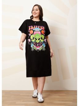 AAREIN - Black Ample Printed Cotton T-Shirt Midi Dress
