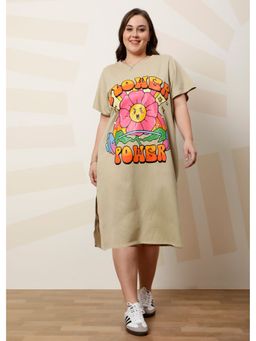 AAREIN - Beige Ample Graphic Printed T-Shirt Midi Dress