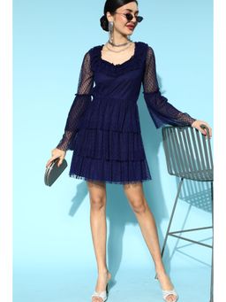 AAREIN - Navy Blue Self Design Dobby Net A-Line Mini Dress