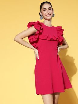 AAREIN - Women Bright Red Solid Volume Play Mini Dress