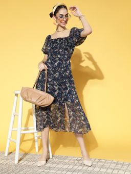 AAREIN - Women Deep Navy Blue Floral Volume Play Midi Dress