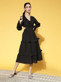 AAREIN - Women Stylish Black Solid Volume Play Midi Dress