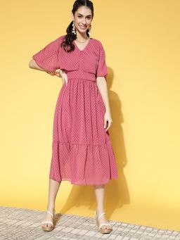 AAREIN - Women Pink Alluring Fuchsia Geometric Volume Play Midi Dress