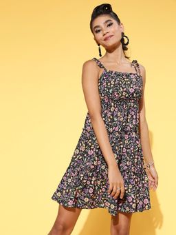 AAREIN - Women Stylish Black Floral Sun Mini Dress