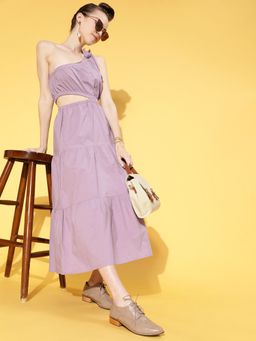 AAREIN - Women Elegant Lavender Solid Cut-Out Midi Dress