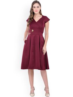 AAREIN - Women Burgundy Fit and Flare Dress