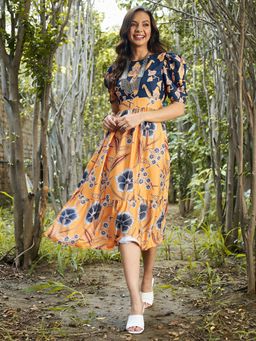 AAREIN - Mustard Yellow and Blue Floral Crepe Empire Midi Dress