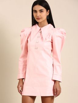 AAREIN - Pink Power Sleeves Above The Keyboard Collar A-Line Mini Dress