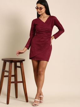 AAREIN - Maroon Solid Wrap Bodycon Mini Dress