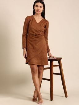 AAREIN - Brown Solid Sheath Bodycon Mini Dress