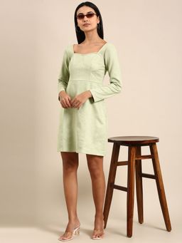 AAREIN - Green Solid Above Knee A-Line Mini Dress