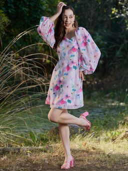 AAREIN - White Balloon Sleeves Floral Georgette A-Line Mini Dress