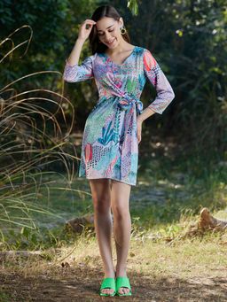 AAREIN - Blue V-Neck Tropical A-Line Mini Dress