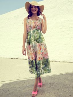 AAREIN - Green Floral Print Fit and Flare Midi Dress
