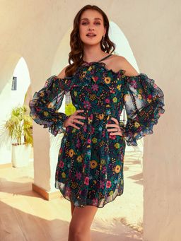 AAREIN - Navy Blue Floral Printed Ruffled Georgette Fit and Flare Mini Dress