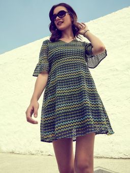 AAREIN - Multi-Color Flared Sleeve Lace A-Line Mini Dress