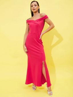 AAREIN - Pink Fuchsia Off-Shoulder Front Slit Maxi Dress