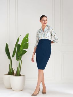 AAREIN - Blue Immutable Teal Floral Printed Lapel Collar Sheath Dress
