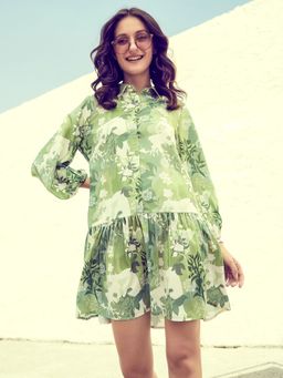 AAREIN - Green Floral Printed Shirt Collar Drop-Waist Mini Dress