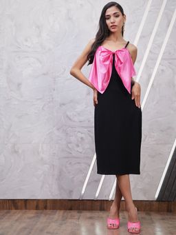 AAREIN - Black Shoulder Straps Bow Detailed Sheath Midi Dress