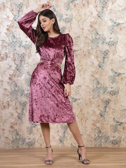 AAREIN - Pink Puff Sleeve Velvet Cut-Outs Fit and Flare Midi Dress