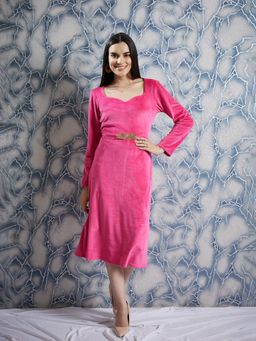 AAREIN - Pink Fuchsia Sweetheart Neck Embellished Detailed A-Line Midi Dress