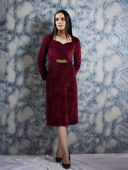 AAREIN - Maroon Sweetheart Neck Embellished Detailed A-Line Midi Dress