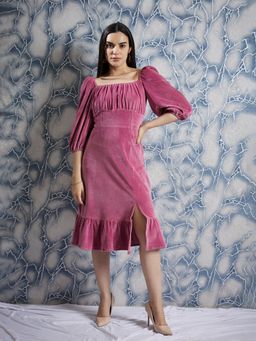 AAREIN - Pink Square Neck Puff Sleeves Gathered Detailed Sheath Midi Dress